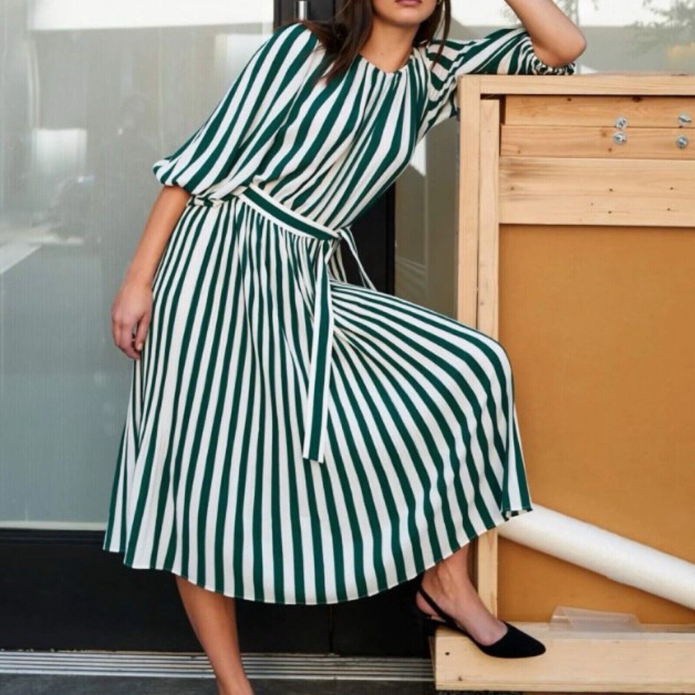AYR Size L Green Regatta Striped Belted A-Line 3/4 Sleeve Whos She Midi Dress